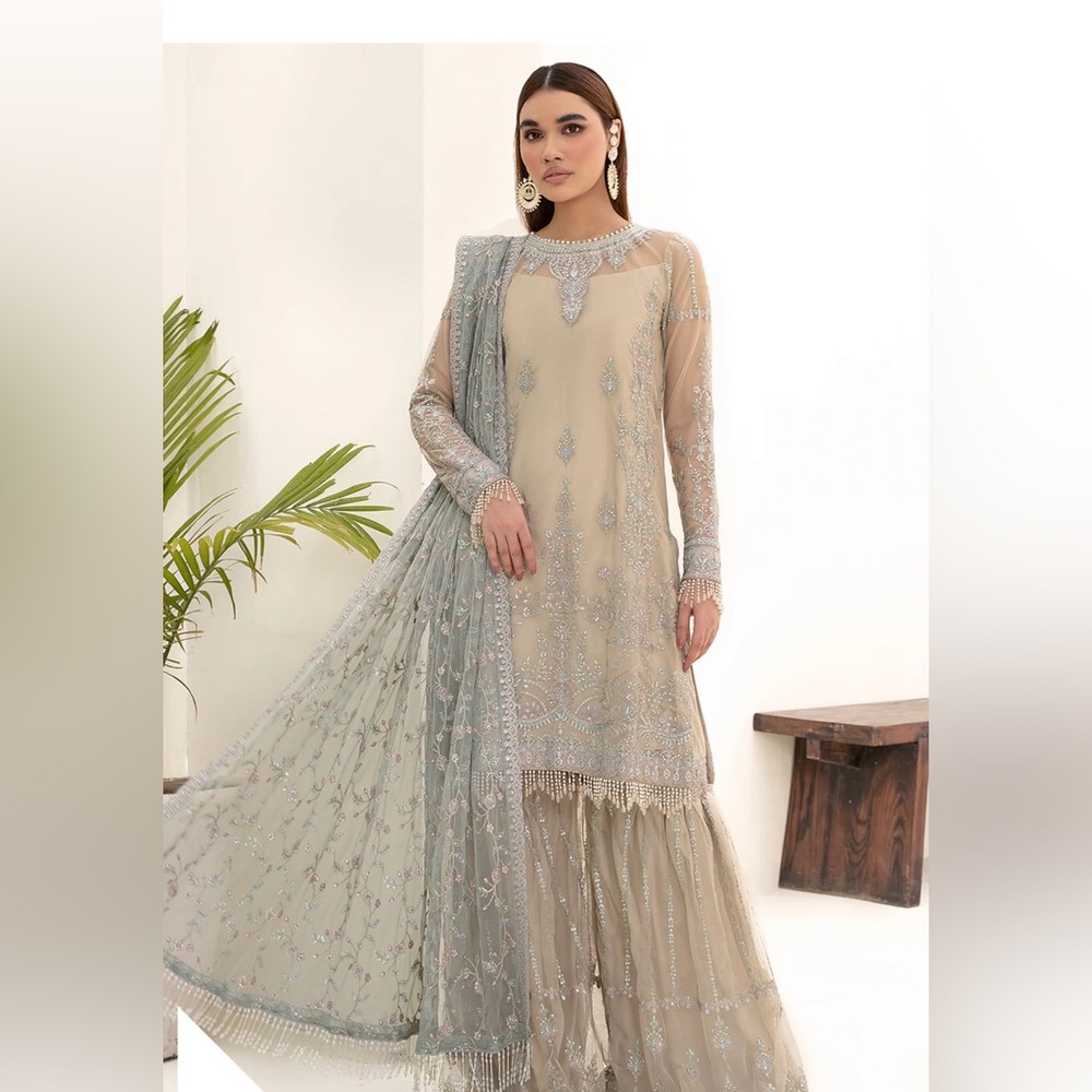 Embellished intricate work, Beige and Silver Embroidered Sharara Pakistani Dress